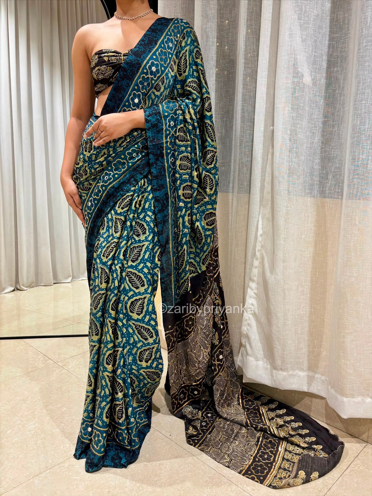 Radha | Handcrafted Ajrakh Couture Saree [Ready to Dispatch]