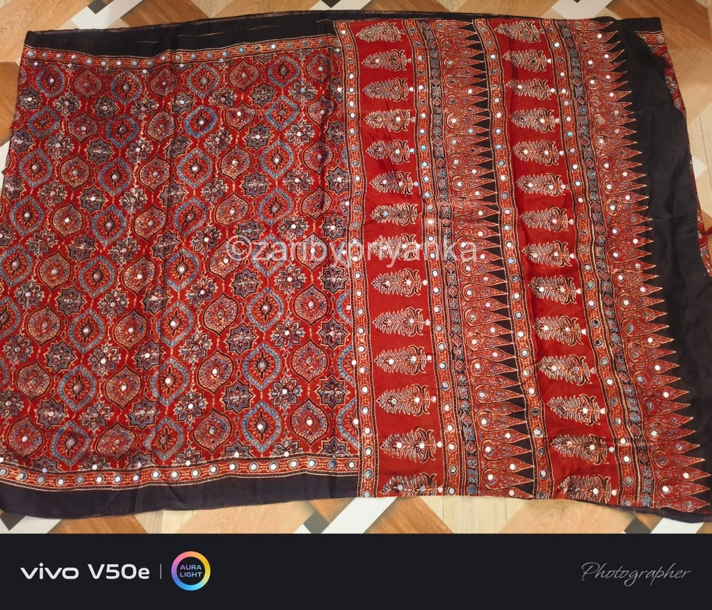 Traya -  Designer Pure Modal Ajrakh Mirror saree