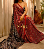 Alia | Red Black Handcrafted Ajrakh Couture Saree [Ready to dispatch]