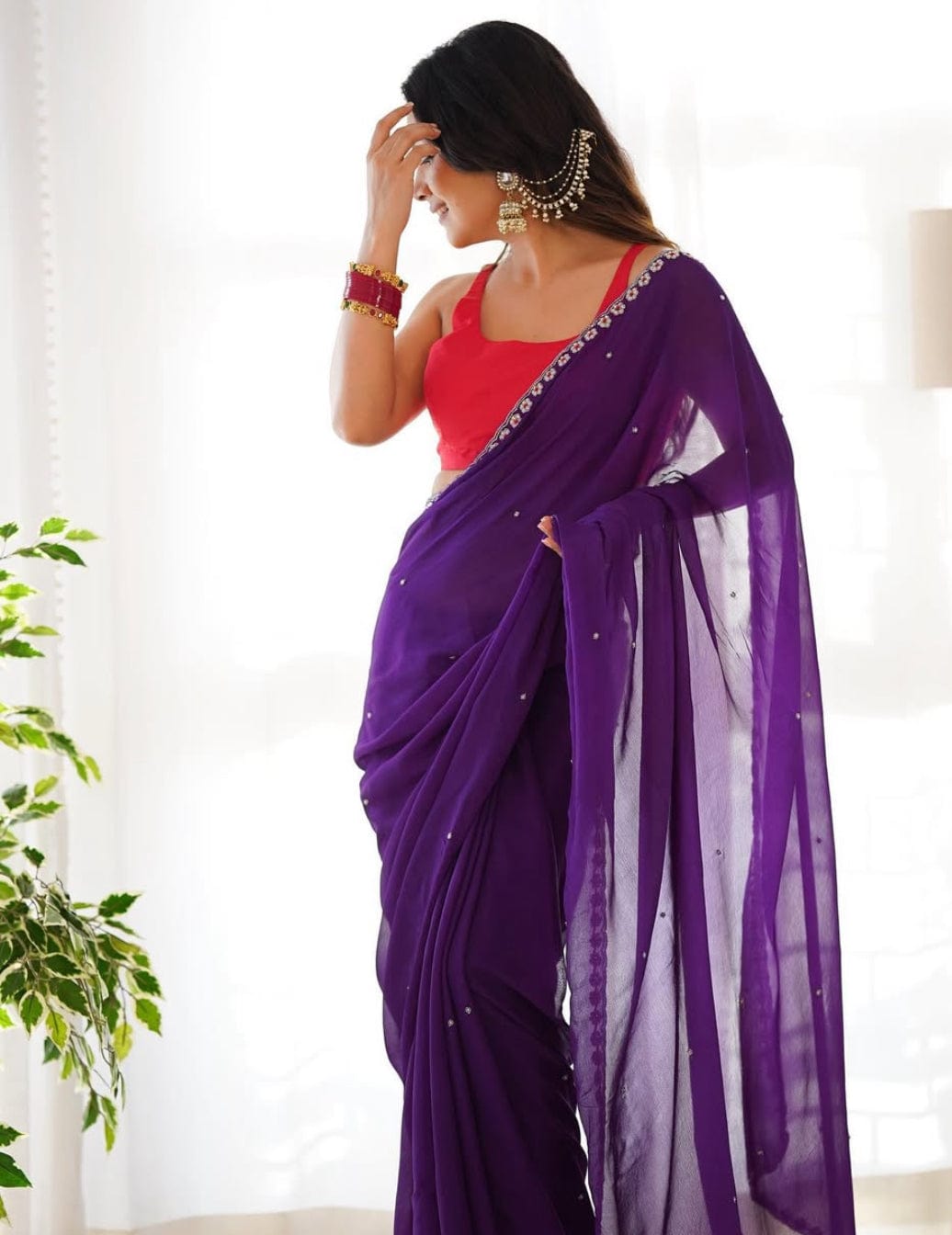 Arti - Purple Pure Georgette Saree  with Handwork.