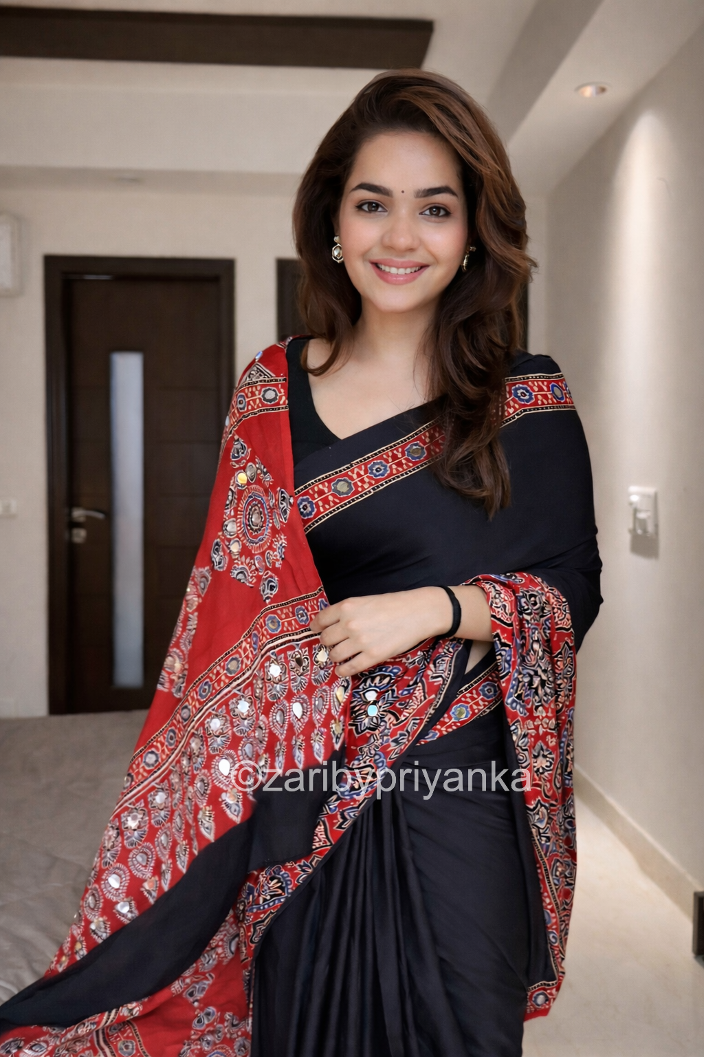 Trisha - Pure Modal Silk Ajrakh Mirror work saree