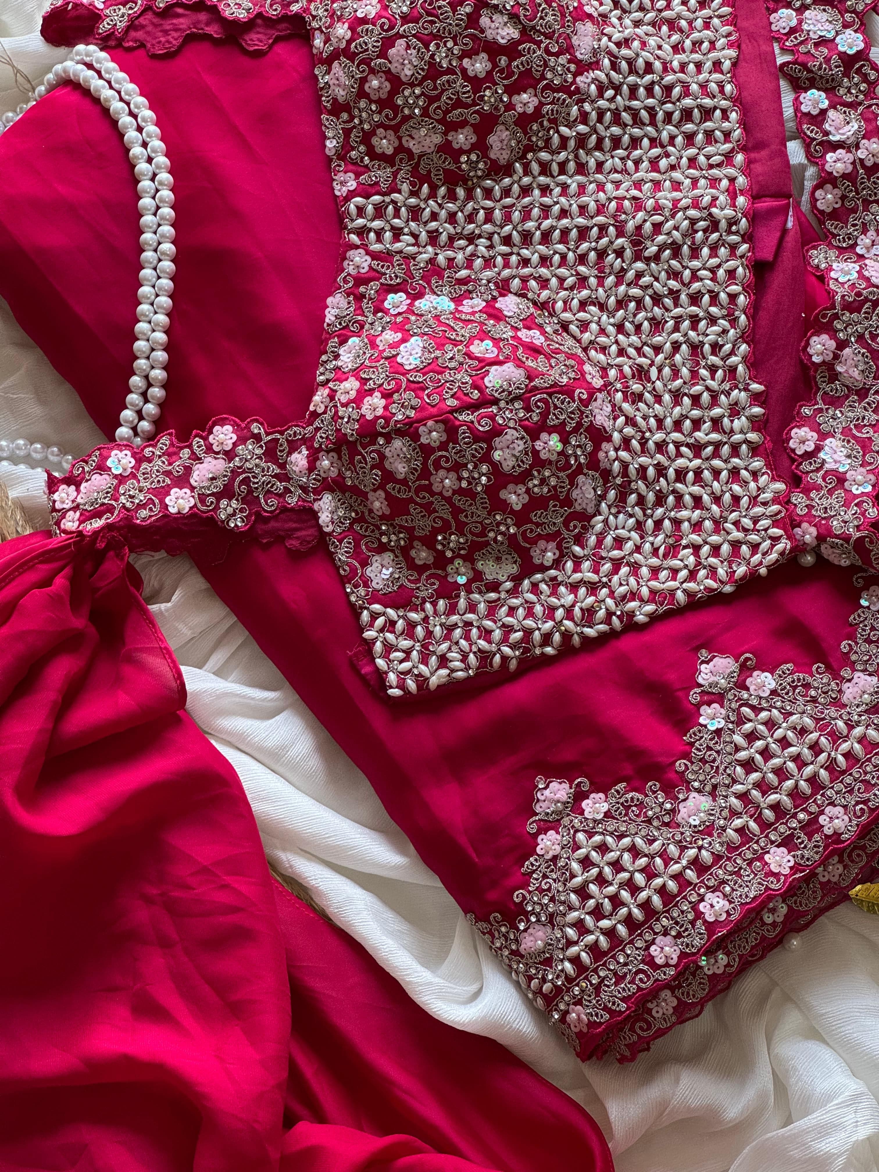 Avantika - Ready-to-Wear Crepe Saree with Adorned Pearl Embellishment