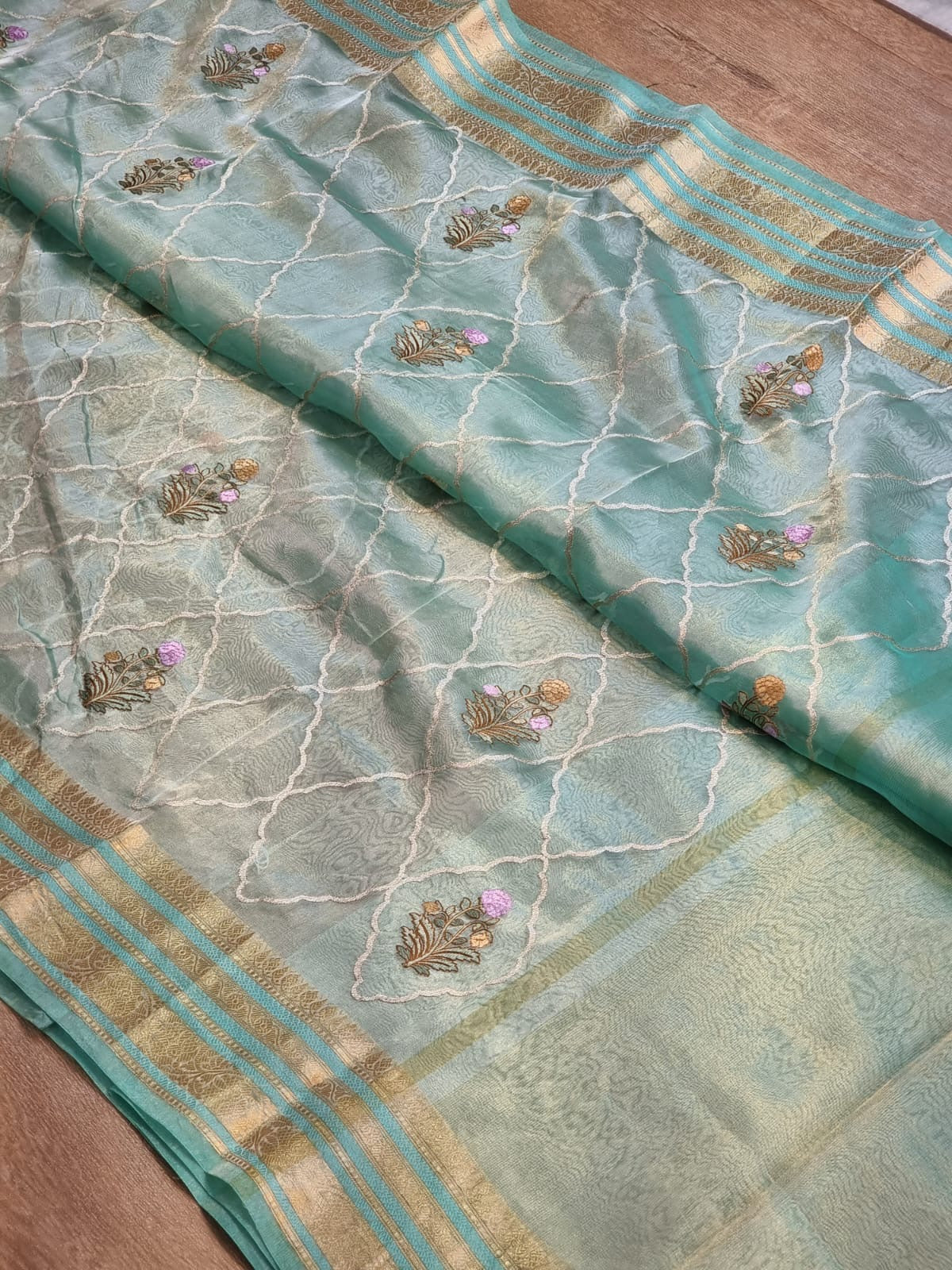 Zaara - Pure Metallic Tissue Banarasi Saree with Katan Border & Embroidery Jaal