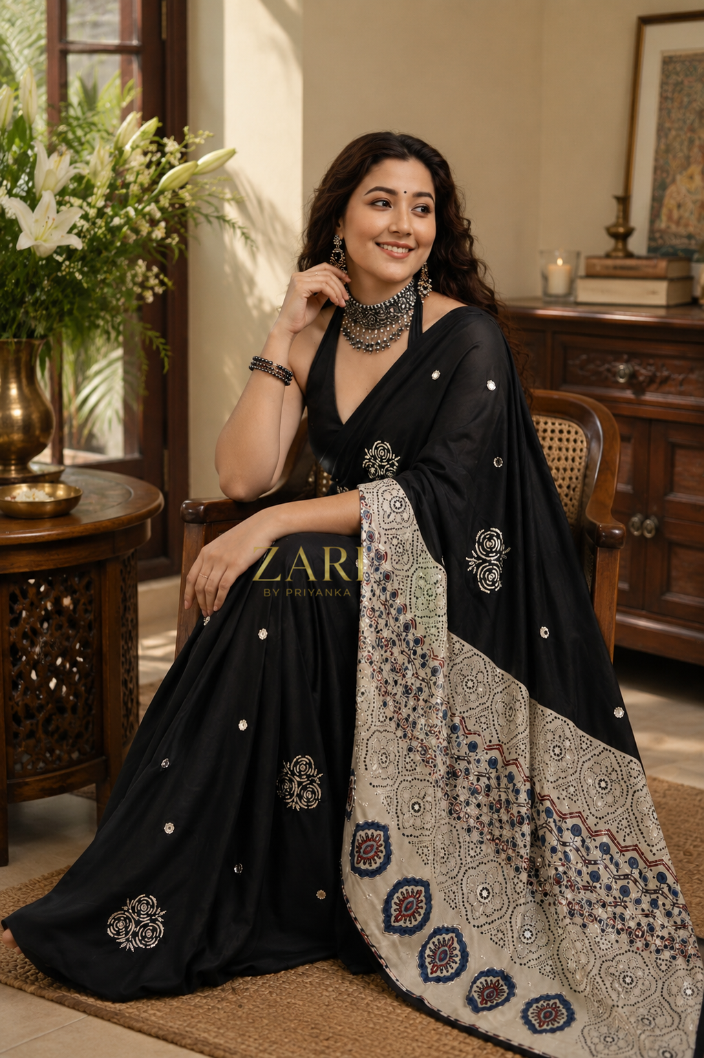 Diva | Handcrafted Ajrakh Couture Saree [Ready to Dispatch]