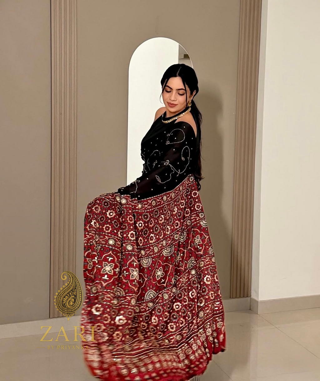 Rudrani | Handcrafted Ajrakh Couture Saree