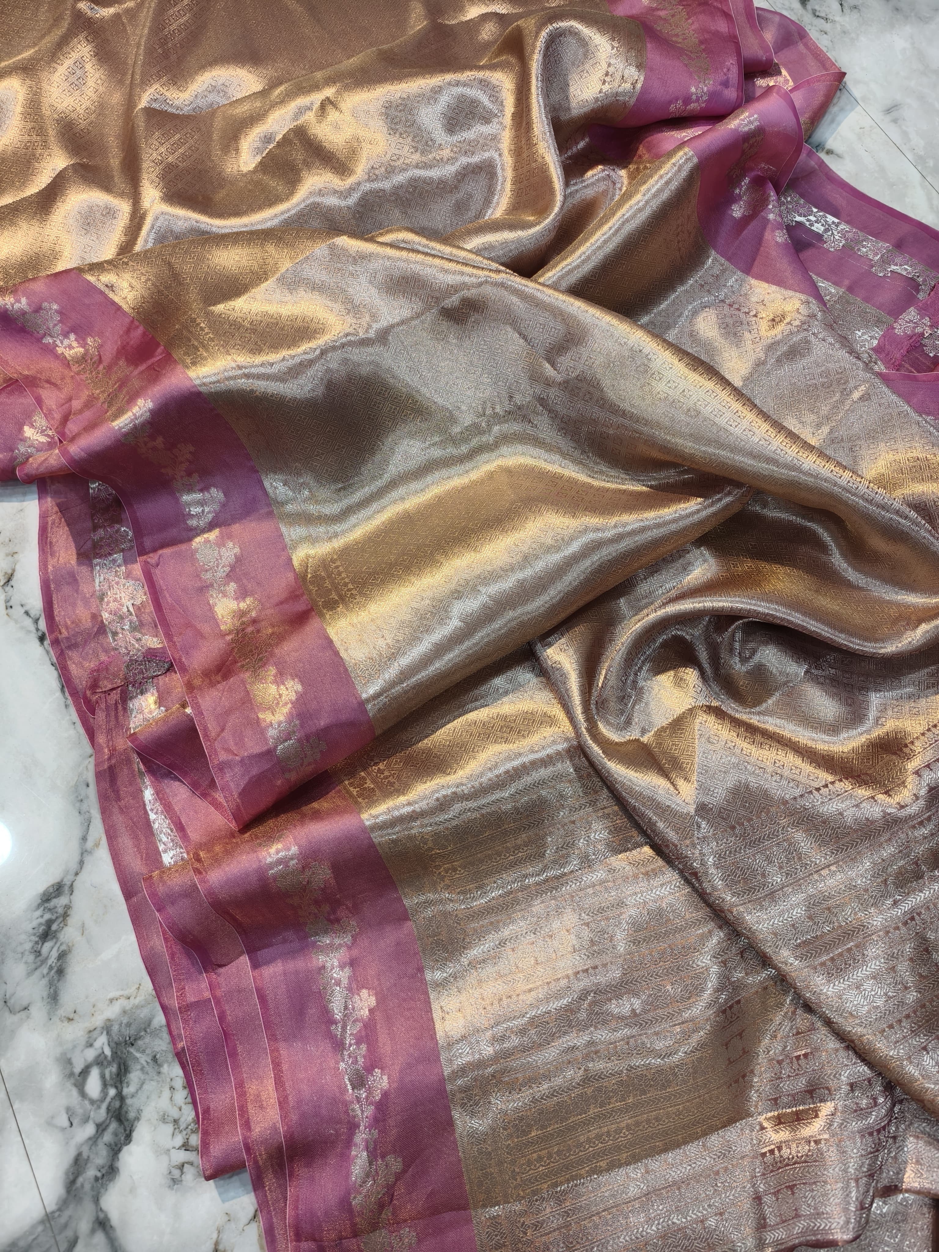 Sakhi - Regal Silver-Gold Pure Tissue Brocade saree