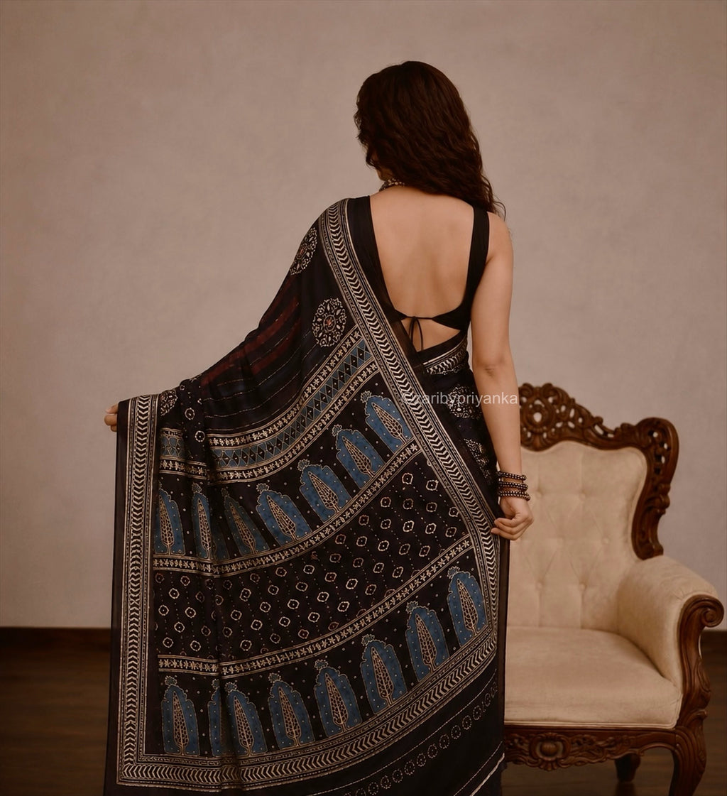 Mirra - Designer Ajrakh Handworked Saree
