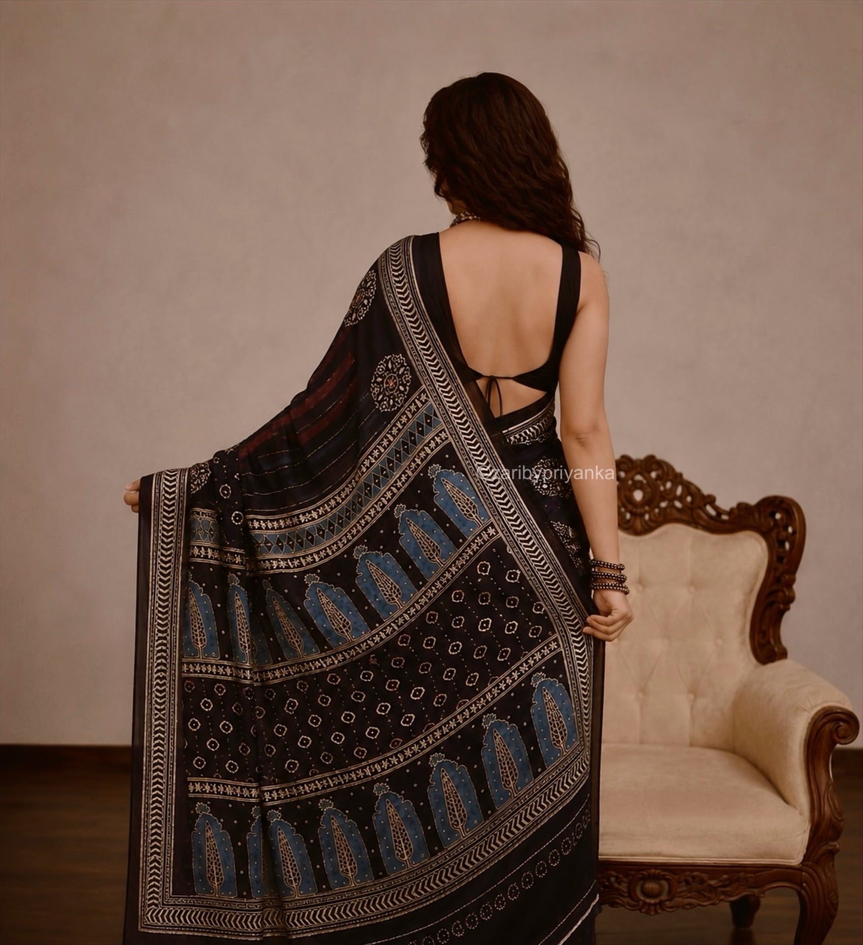 Mirra - Designer Ajrakh Handworked Saree