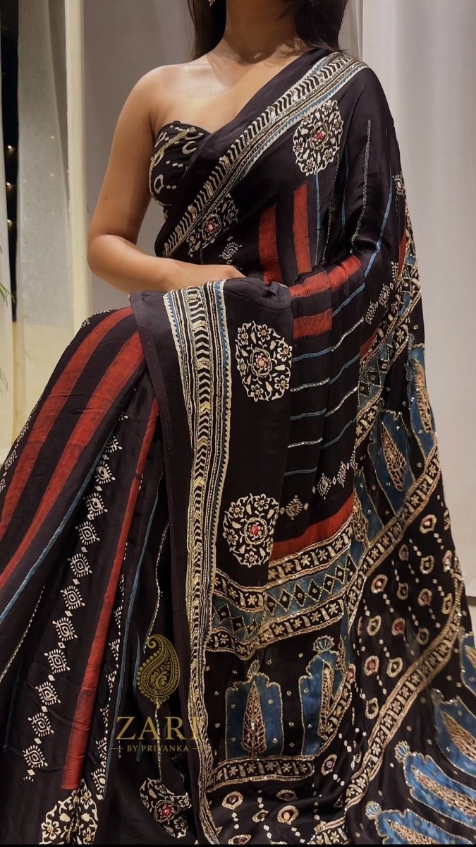 Mirra | Designer Handcrafted Ajrakh Saree - Zari by Priyanka