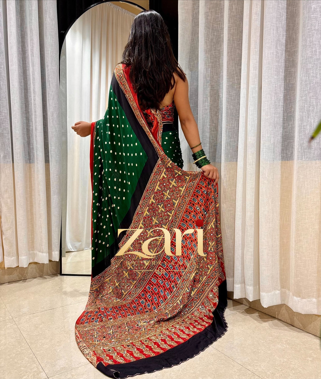 Apsara | Handcrafted Ajrakh Bandhej Couture Saree