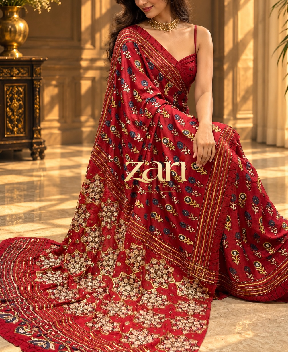 GULAM | Handcrafted Ajrakh Couture Saree with Heavy Handwork [Ready to Dispatch]