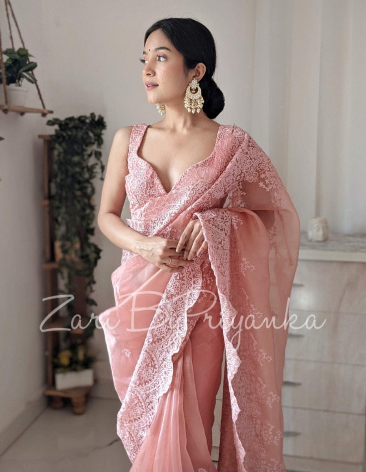 Arti - Blush Pink Embroidered Organza Saree