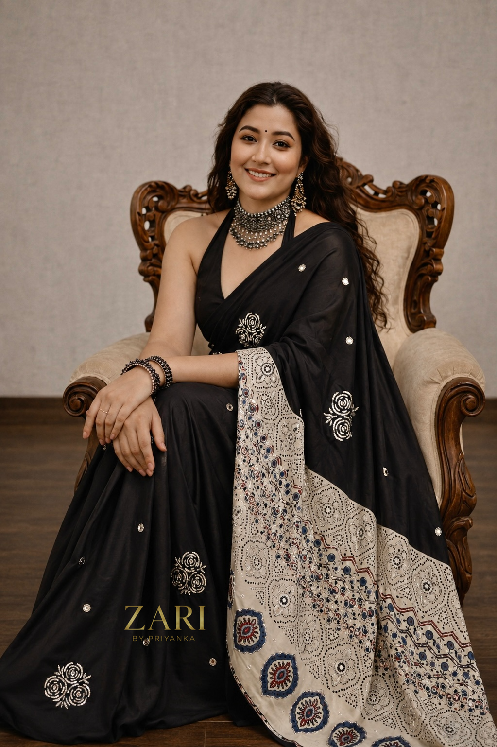 Diva | Handcrafted Ajrakh Couture Saree [Ready to Dispatch]