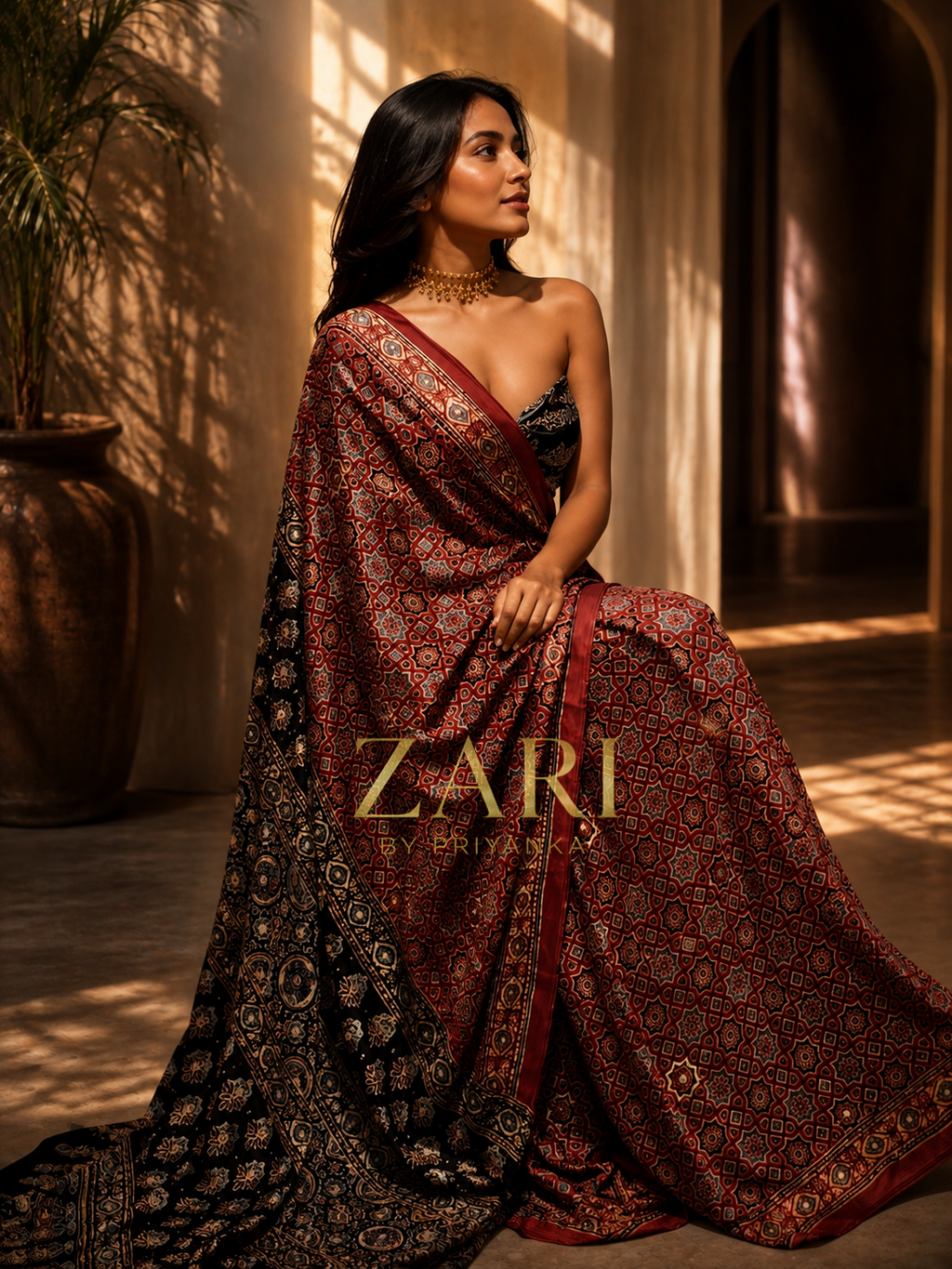 Alia | Handcrafted Ajrakh Couture Saree [Ready to Dispatch]