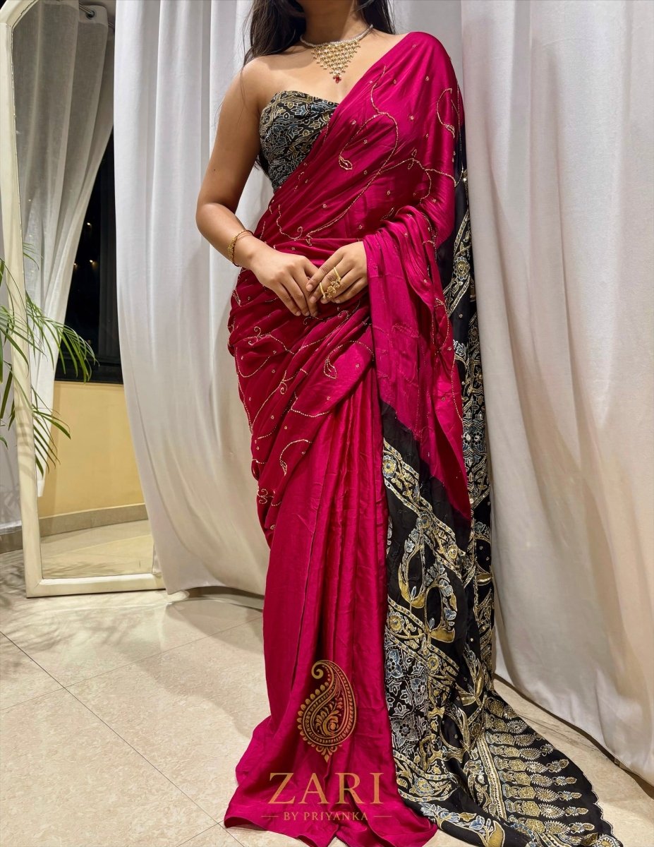 Jannat | Designer Handcrafted Ajrakh Saree - Zari by Priyanka