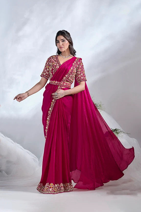 Juma - Ready-to-Wear Satin Crepe Saree with Adorned Pearl Embellishment