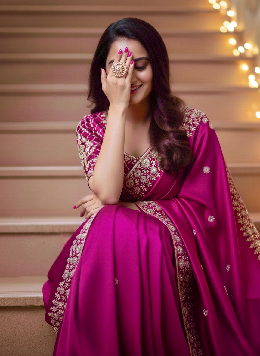 Aari - Rani Pink soft tissue saree