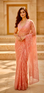 Peach - Monotone Sequin Handwork Pure Chiffon Saree