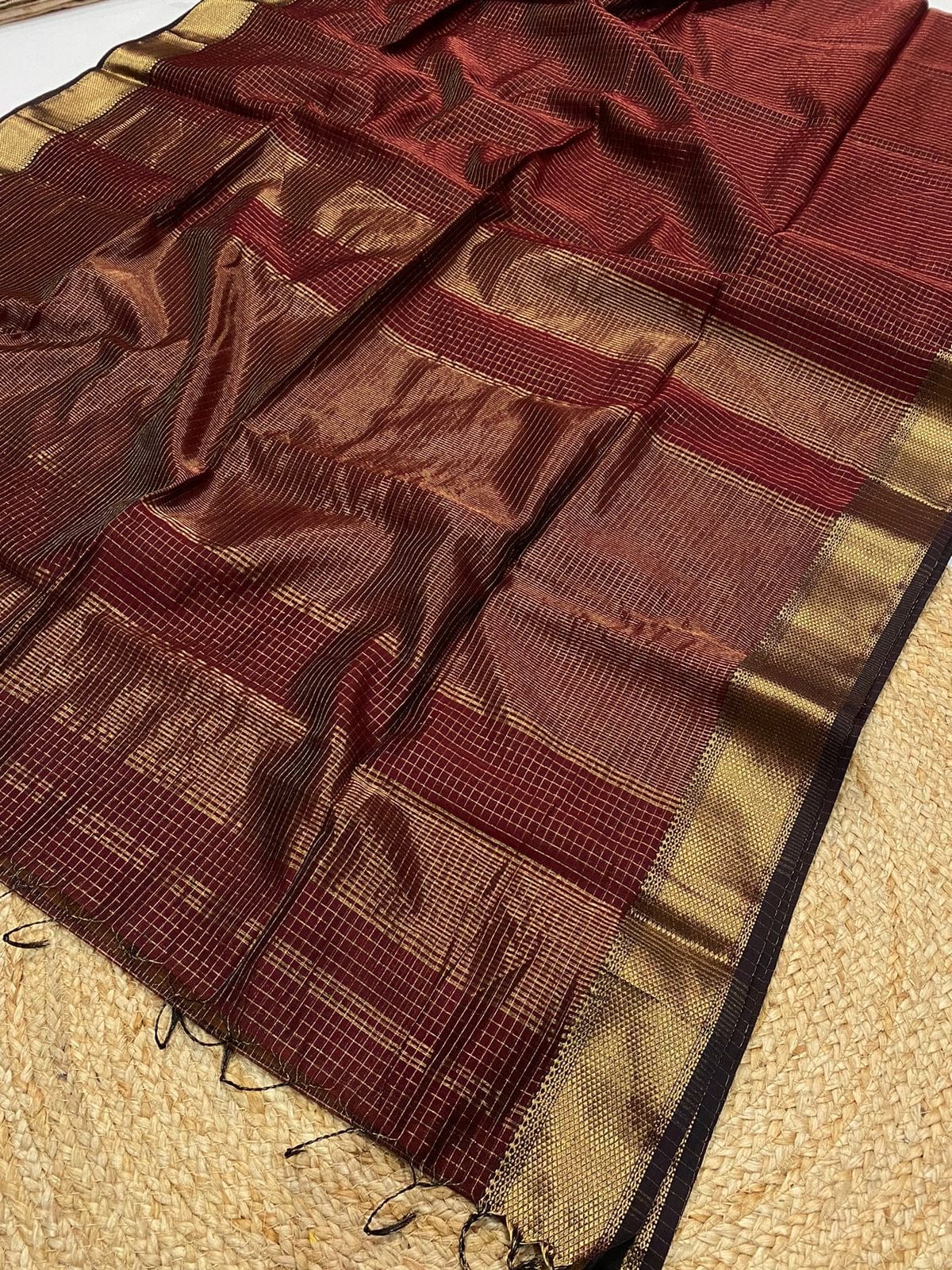 Leela - Maheshwari Silk-Cotton Saree – with zari checks