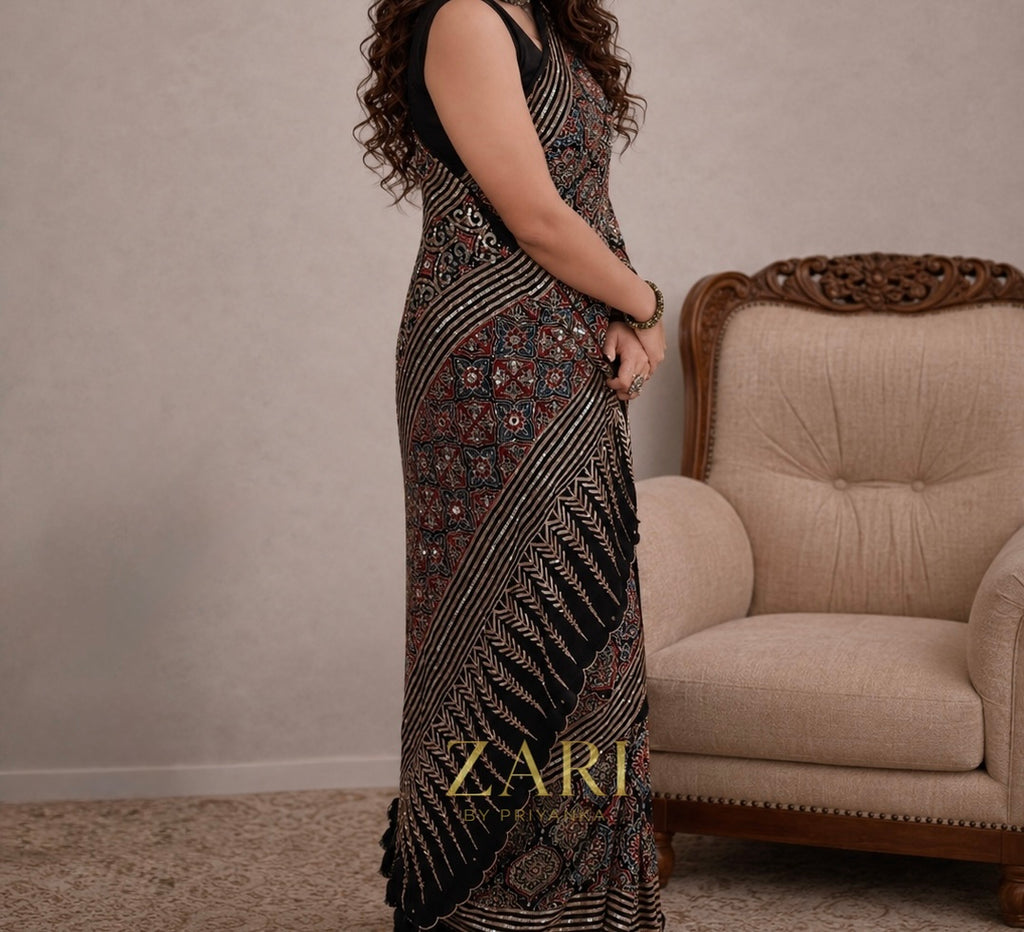 Zeba | Handcrafted Ajrakh Couture Saree