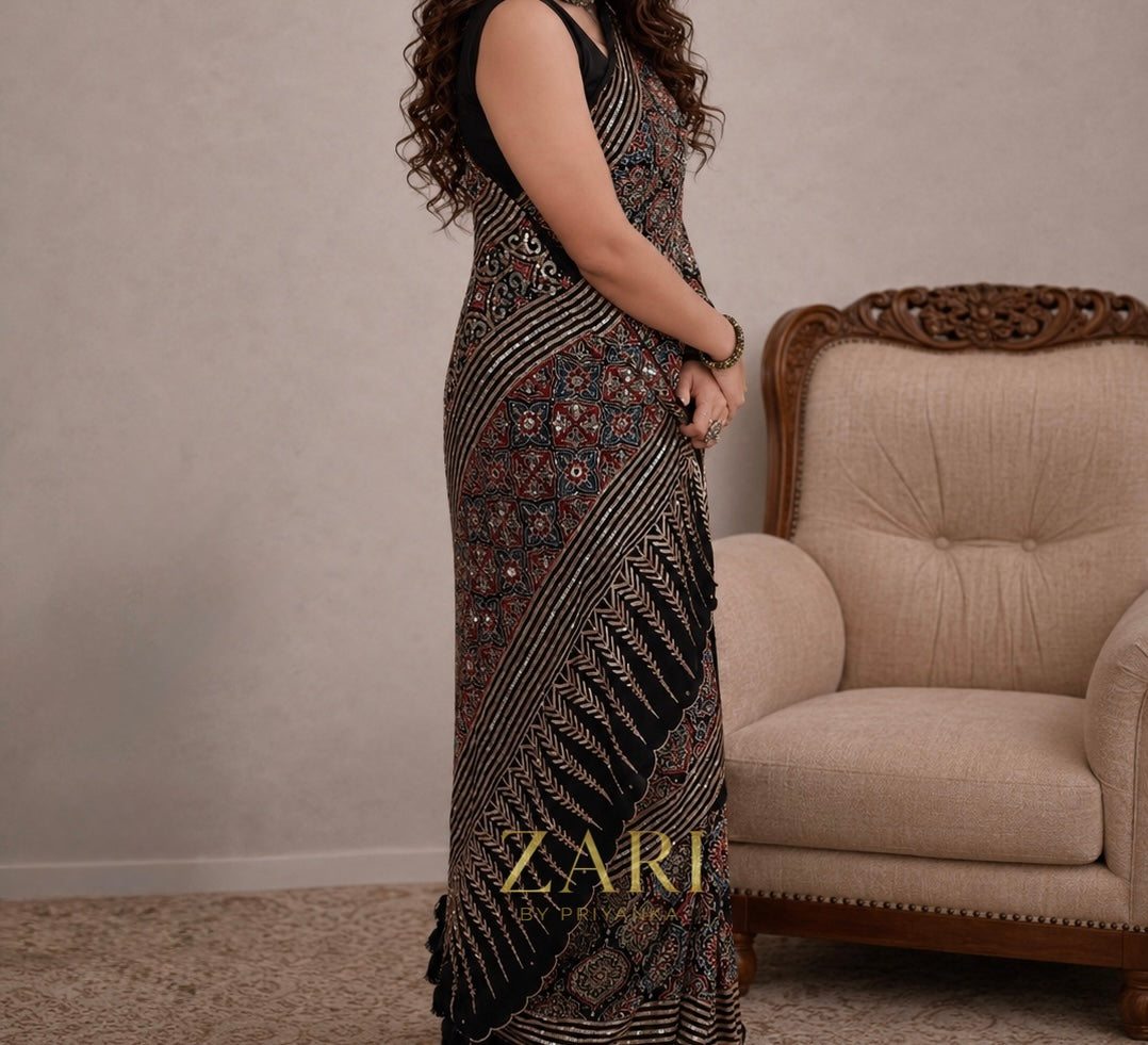 Zeba | Handcrafted Ajrakh Couture Saree