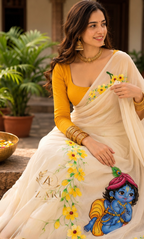 Krishna - Mul Mul Cotton Saree with hand painted Krishnan