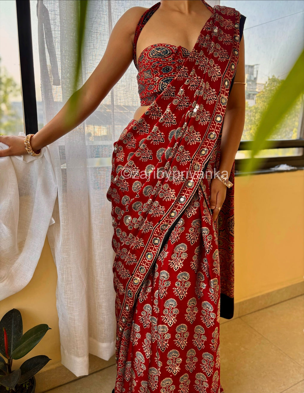 Minali - Pure Modal Ajrakh Mirror work saree