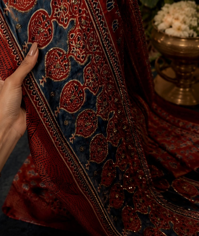 Zora | Handcrafted Ajrakh Couture Saree