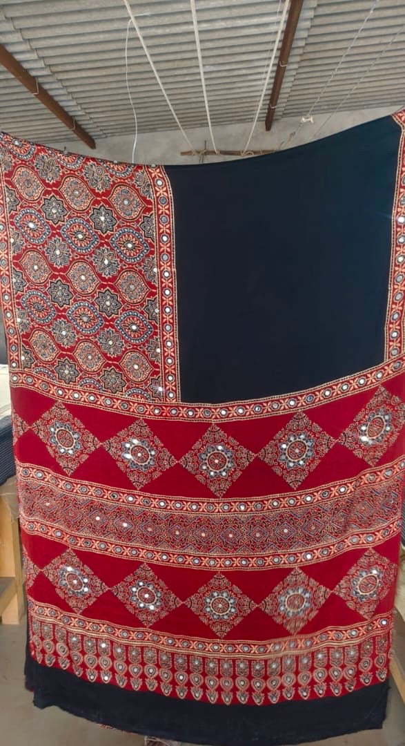 Trisha - Pure Modal Silk Ajrakh Mirror work saree