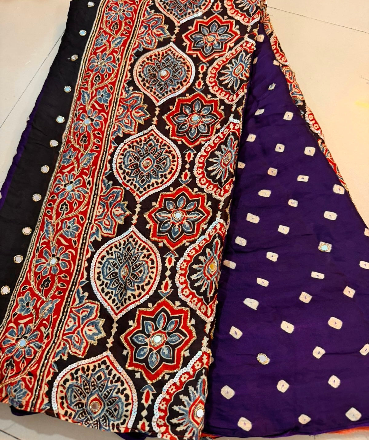 Kumkum | Handcrafted Ajrakh Bandhej Couture Saree [Ready to dispatch]