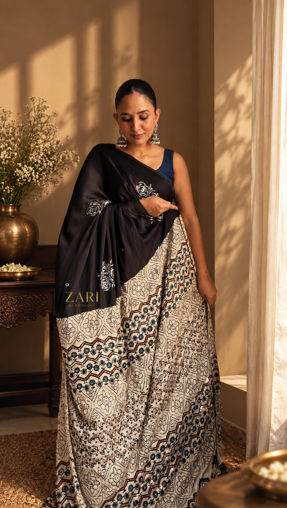 Diva | Handcrafted Ajrakh Couture Saree [Ready to Dispatch]