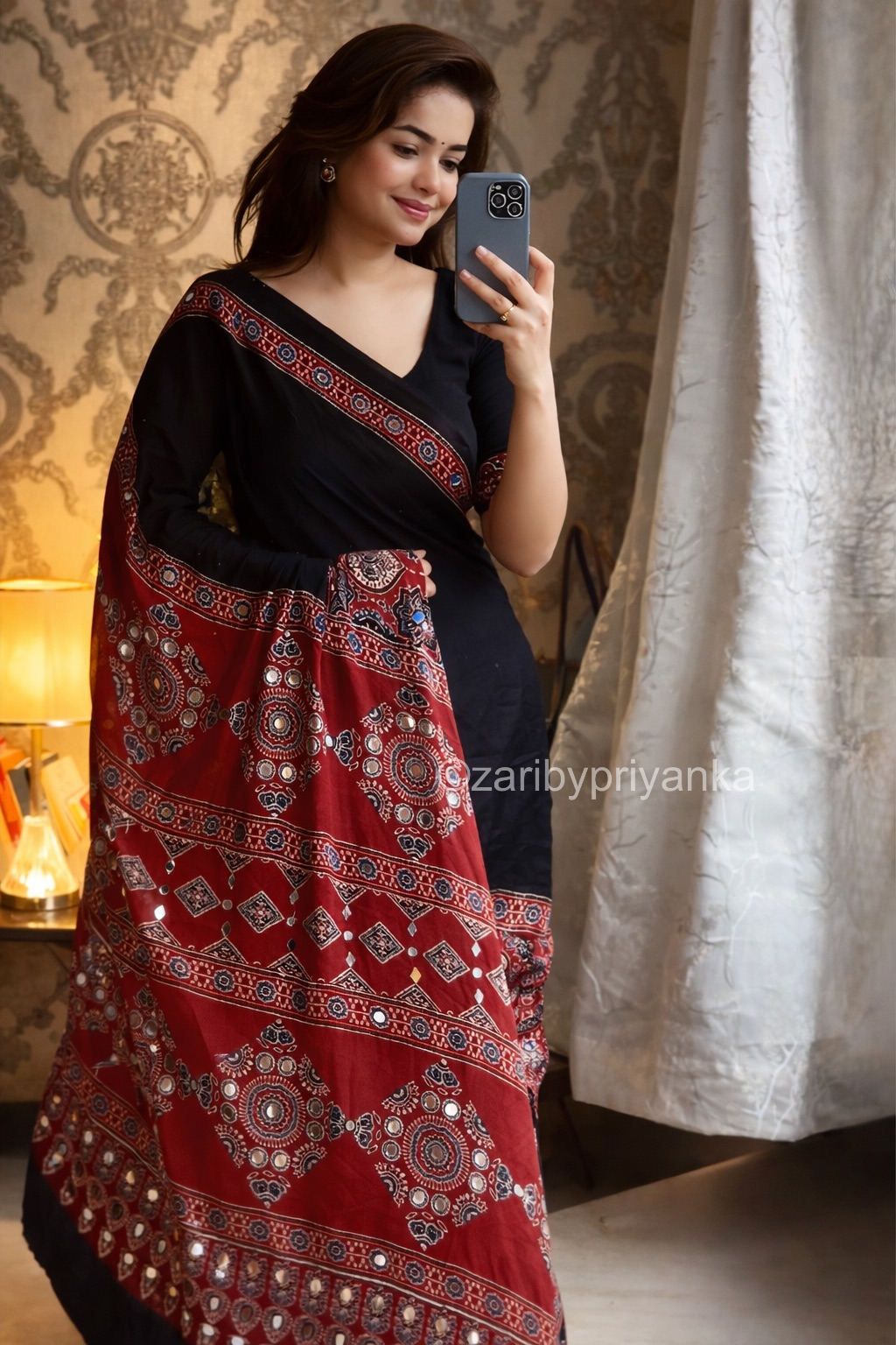 Trisha - Pure Modal Silk Ajrakh Mirror work saree