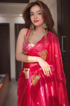 Neha 1 - Hot Pink Hand-Embellished Tissue Crepe Silk Saree