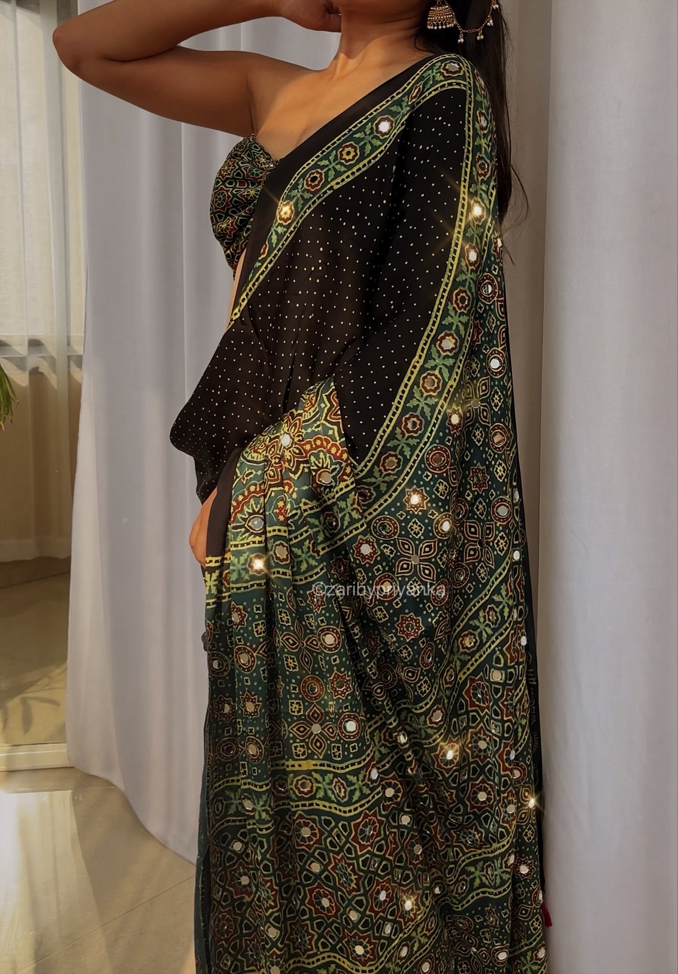 Tanara - Designer Pure Modal Ajrakh Mirror saree