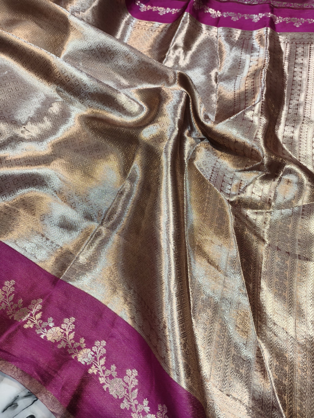 Sakhi - Regal Silver-Gold Pure Tissue Brocade saree