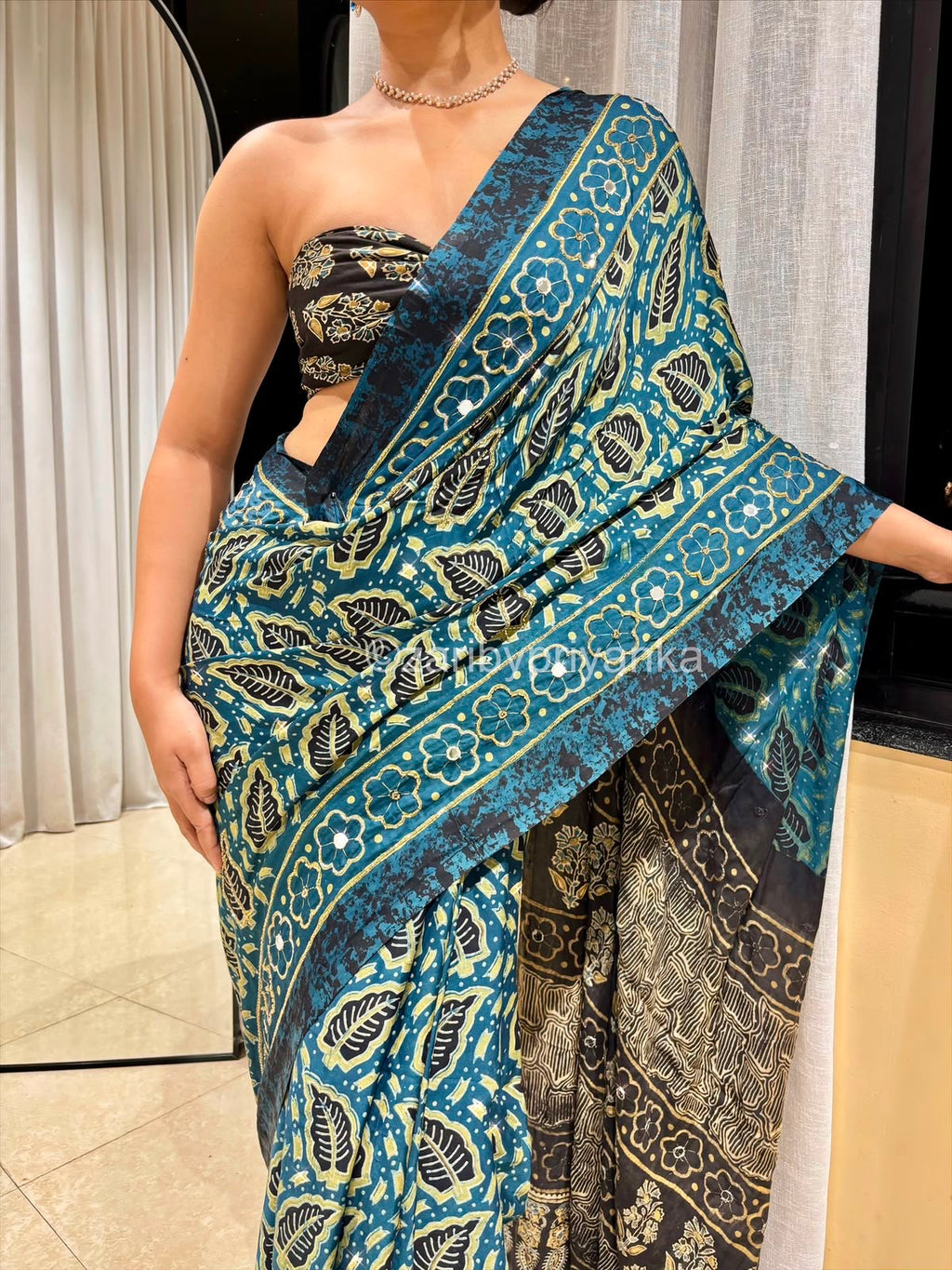Radha | Handcrafted Ajrakh Couture Saree [Ready to Dispatch]