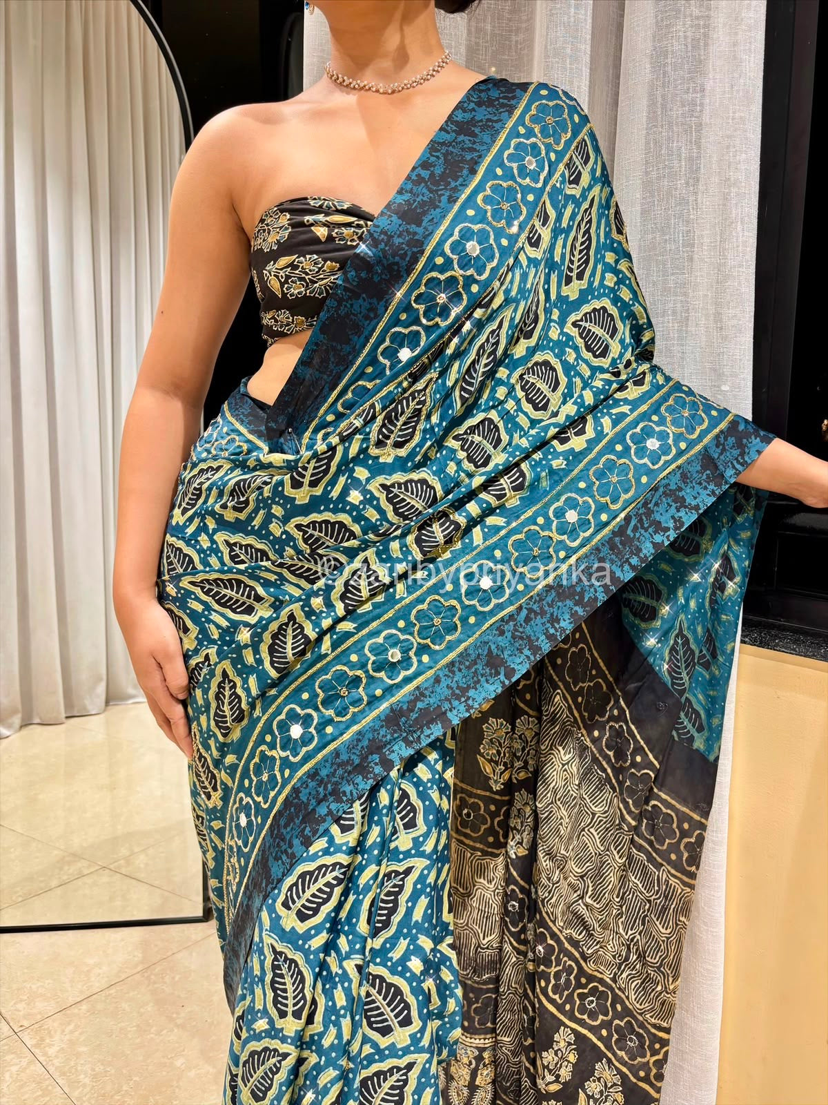 Radha | Handcrafted Ajrakh Couture Saree [Ready to Dispatch]