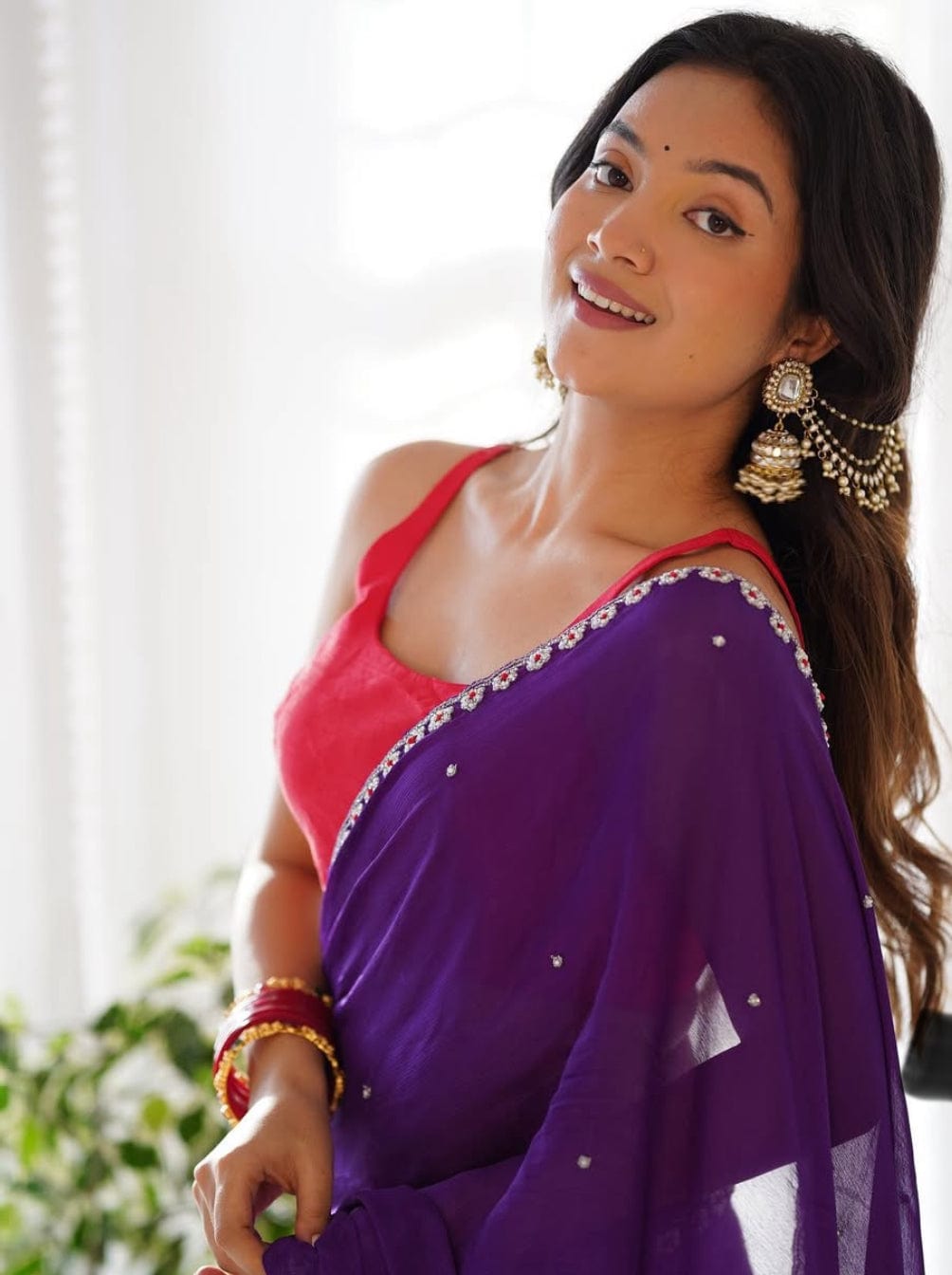 Arti - Purple Pure Georgette Saree  with Handwork.