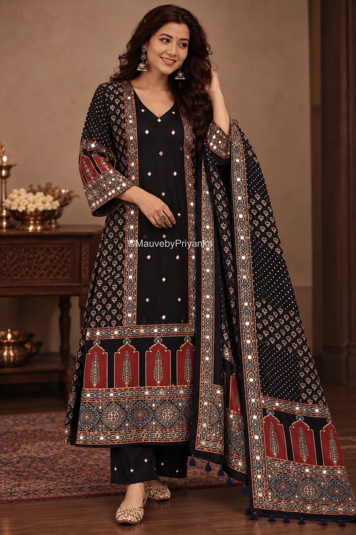 Siyah - Ajrakh Pure Modal Suit with handwork