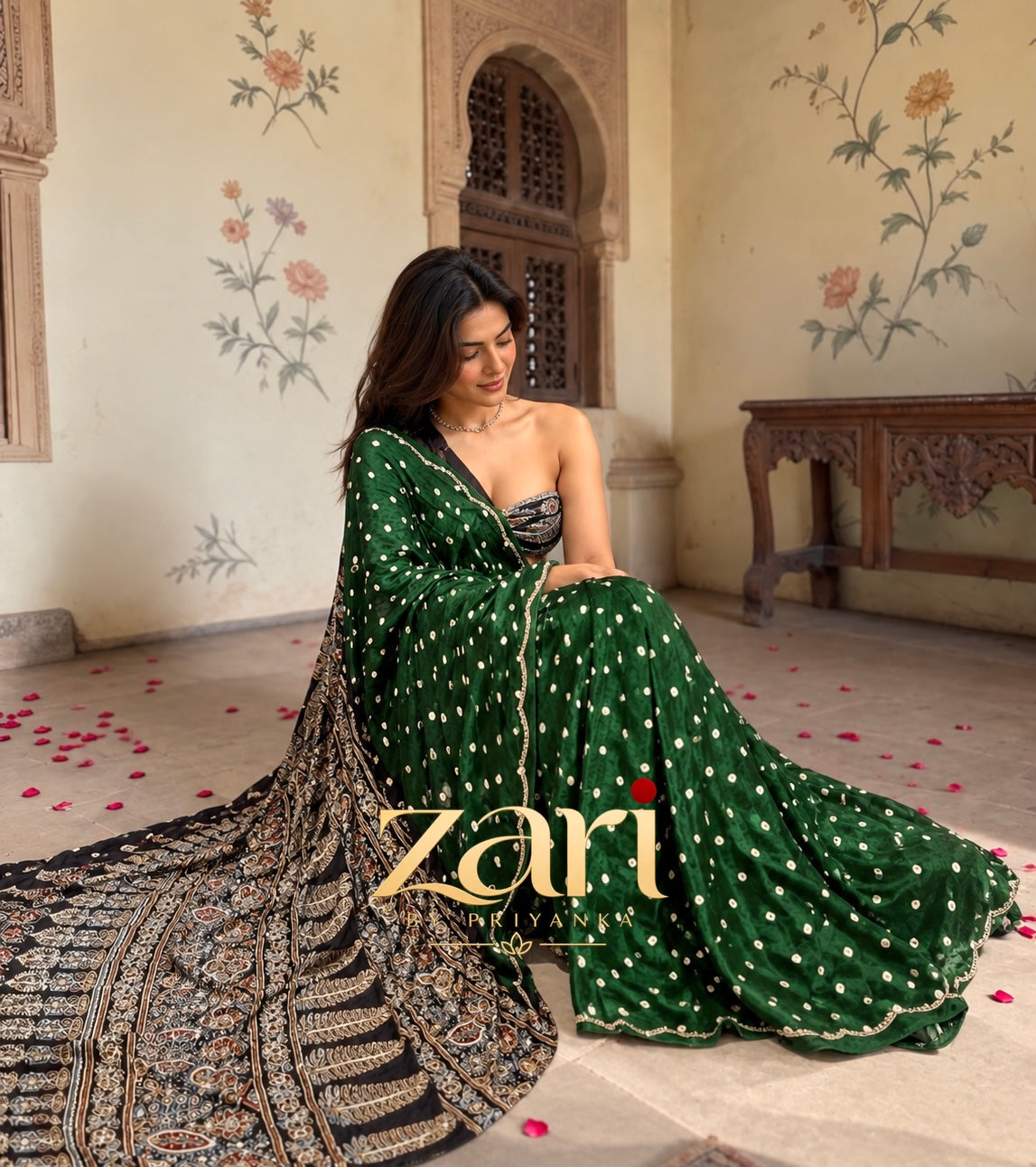 KALKI | Handcrafted Ajrakh Bandhej Couture Saree [Ready to dispatch]