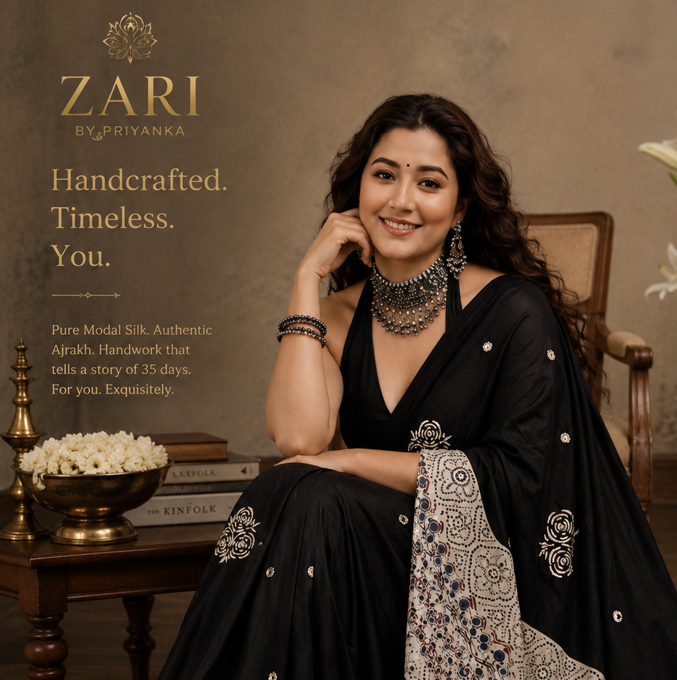 Diva | Handcrafted Ajrakh Couture Saree [Ready to Dispatch]