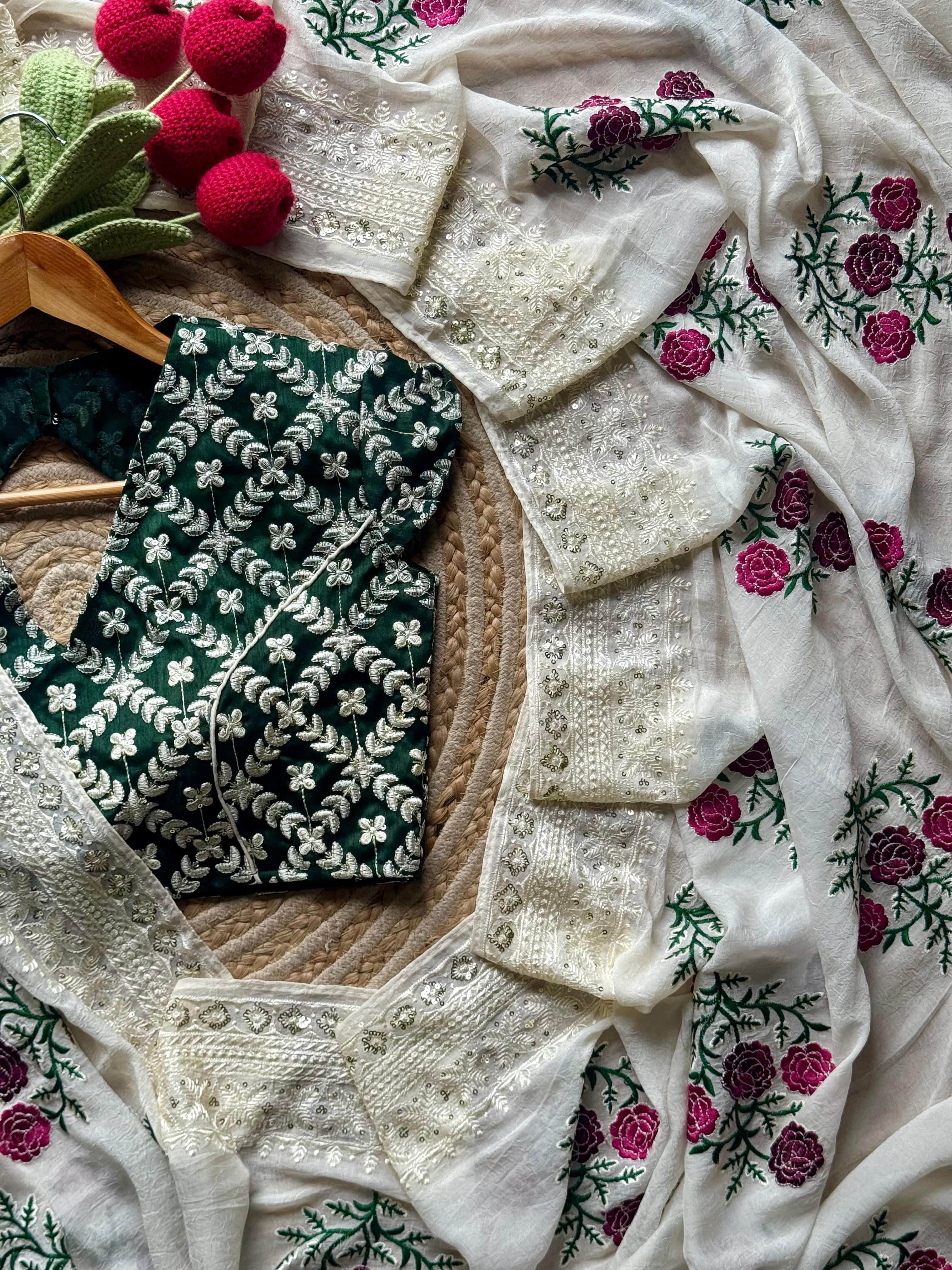 Mia - Pure Chiffon Elegance with Floral Embroidery, Chikankari & Sequin Work