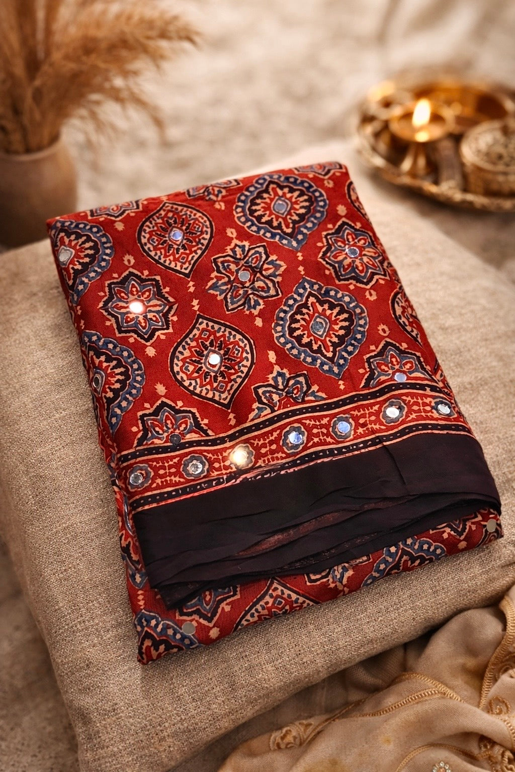 Traya -  Designer Pure Modal Ajrakh Mirror saree