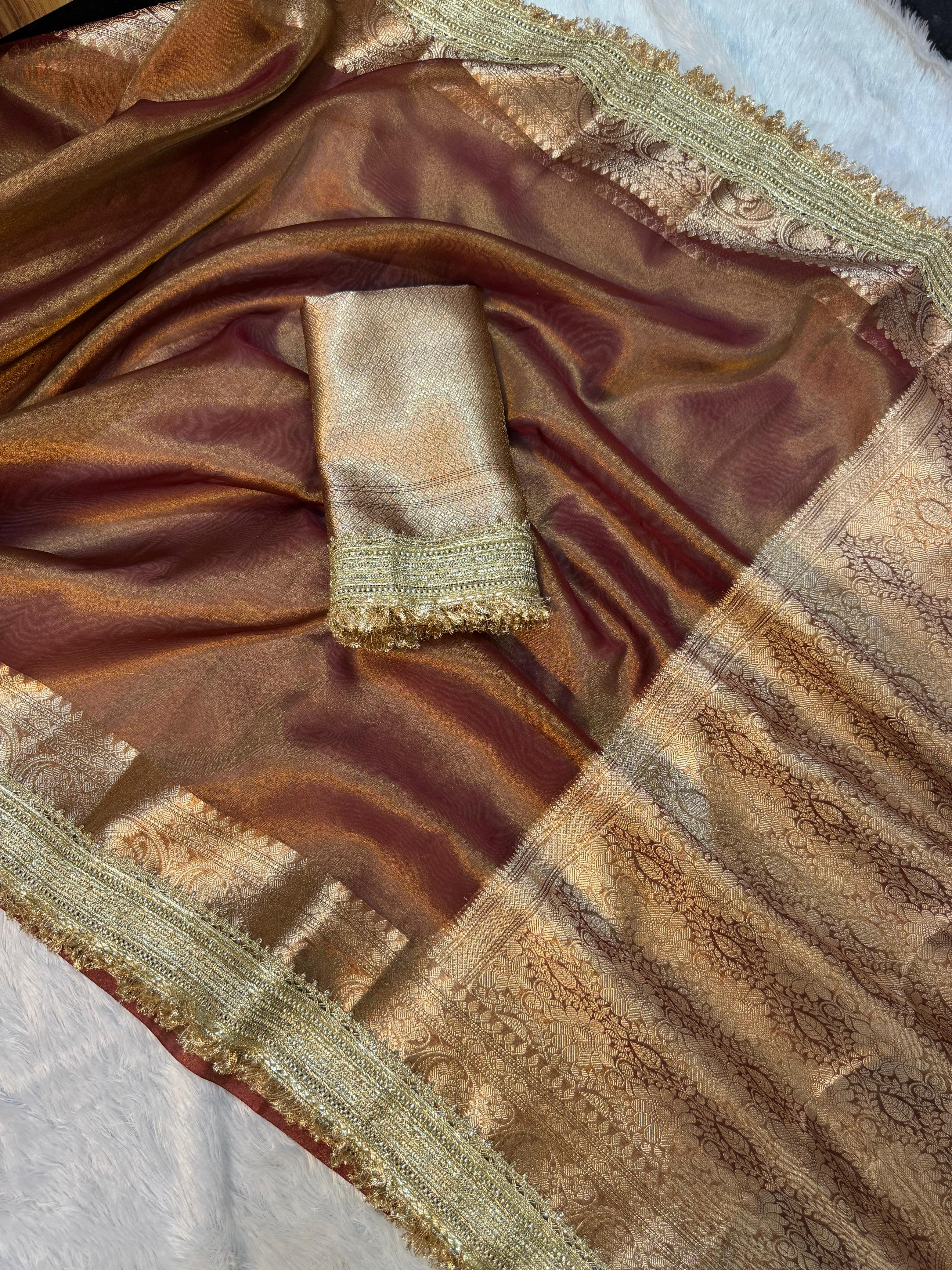 Ruru - Glass Tissue Silk Saree with Handwork