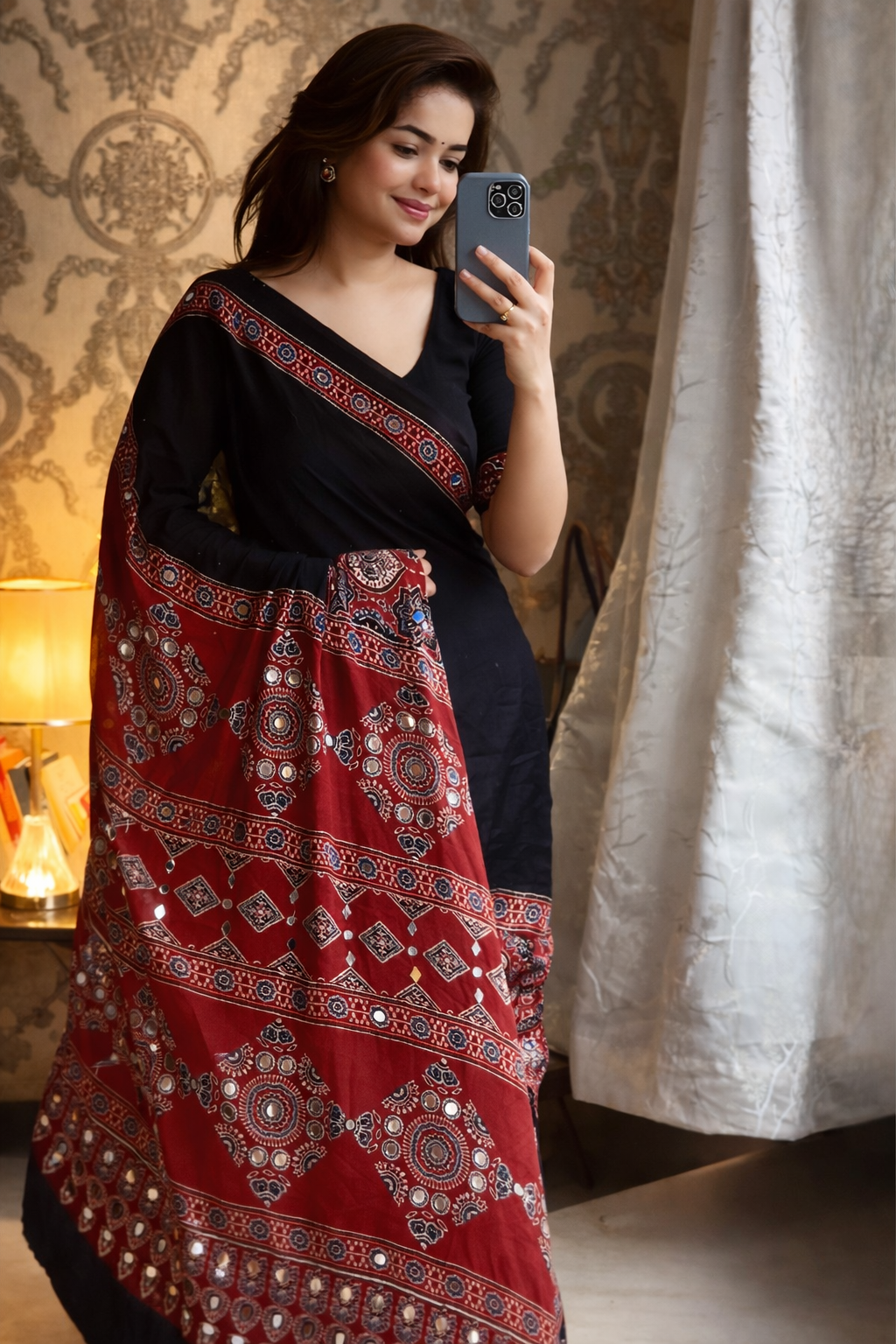 Trisha - Pure Modal Silk Ajrakh Mirror work saree