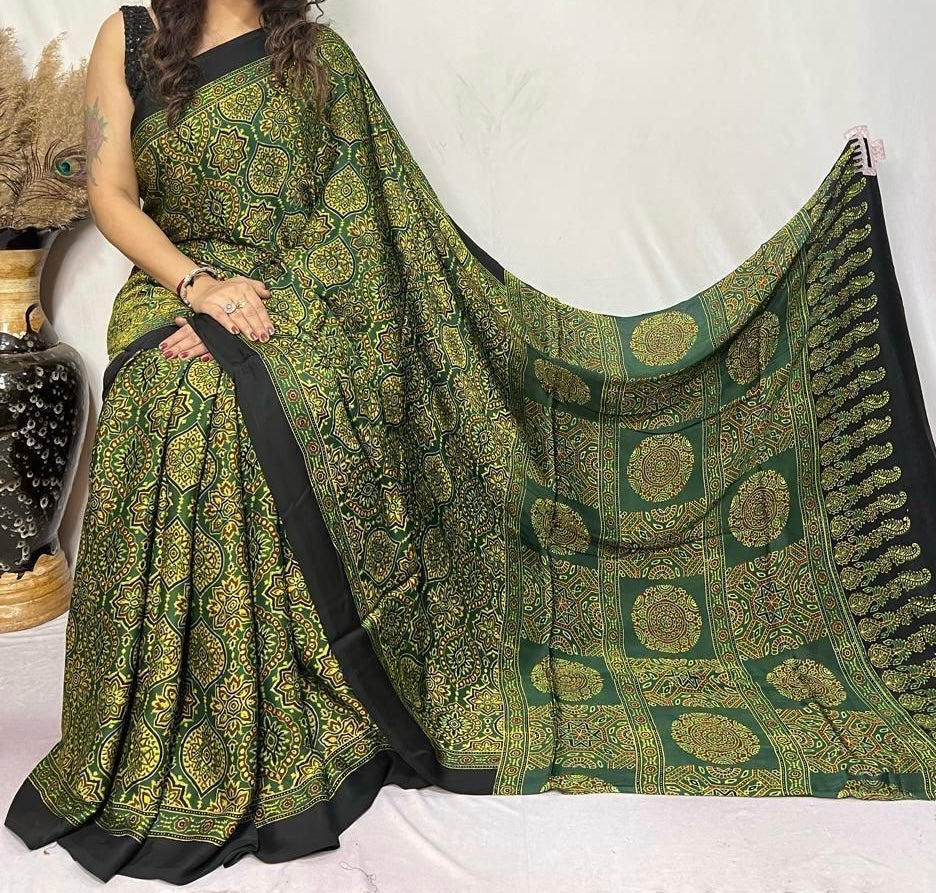 Kinara  - Designer Pure Modal Ajrakh Mirror saree