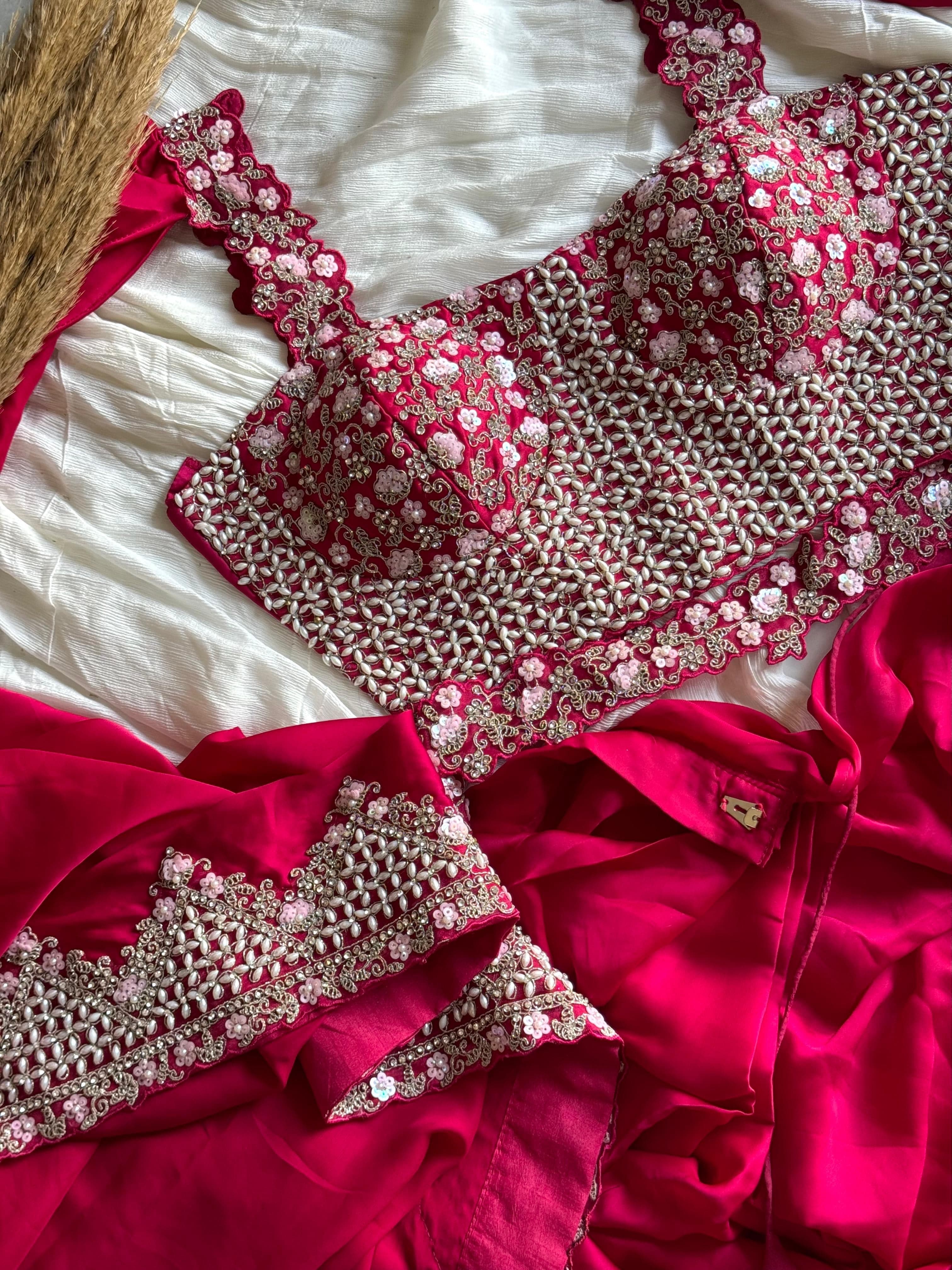 Avantika - Ready-to-Wear Crepe Saree with Adorned Pearl Embellishment