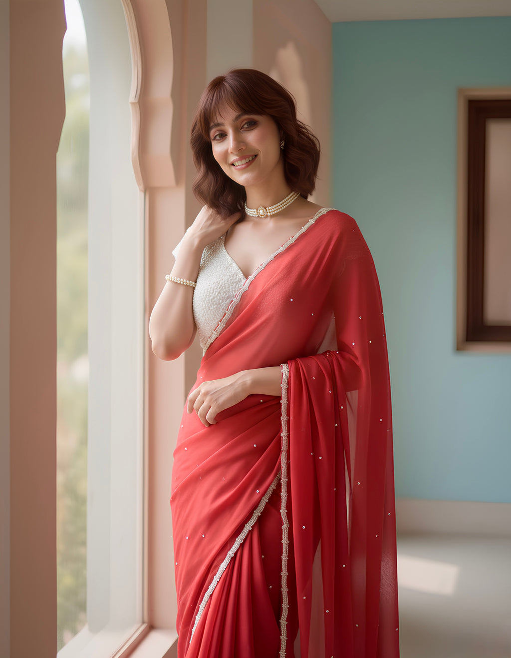 Laal - Space Silk Saree with Pearl embellished Blouse