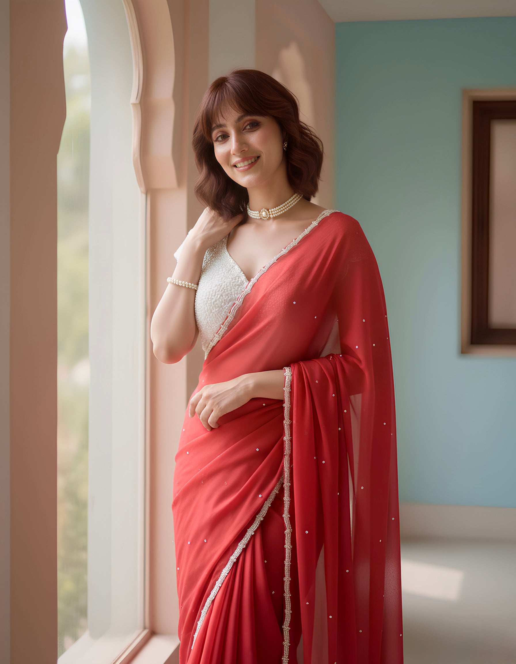 Laal - Space Silk Saree with Pearl embellished Blouse