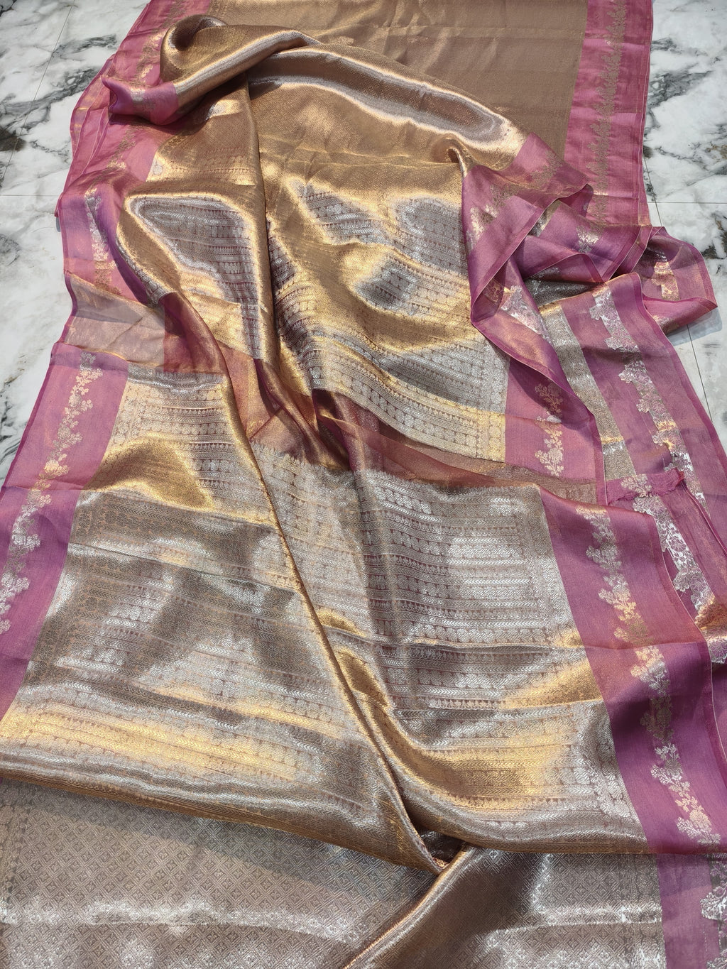 Sakhi - Regal Silver-Gold Pure Tissue Brocade saree